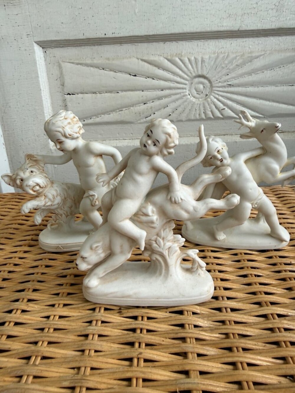 Antique 1890s German Bisque Porcelain Cherub Putti Figurines With Animals